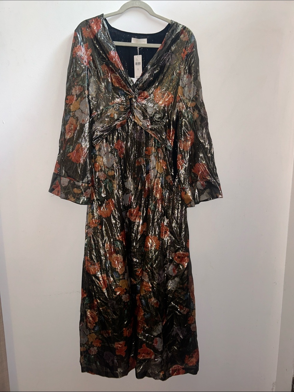 Metallic Floral Twist-Front Midi Dress - Black/Multicolor